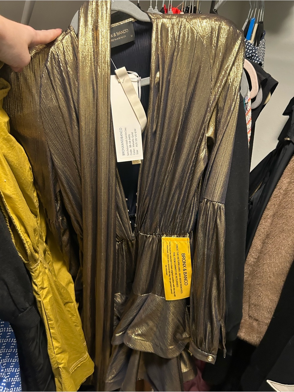 Bronx & Banco Bedouin Gold Metallic Mini Dress NWT US 6 Wrap Plunge Party - Picture 7 of 7